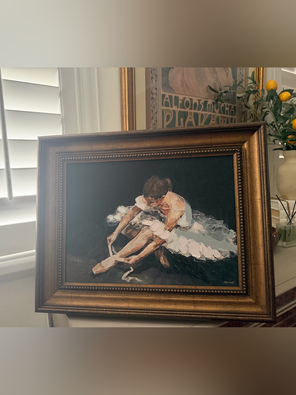 20x16 Framed Ballerina Oil Painting vibes in wood tones frame